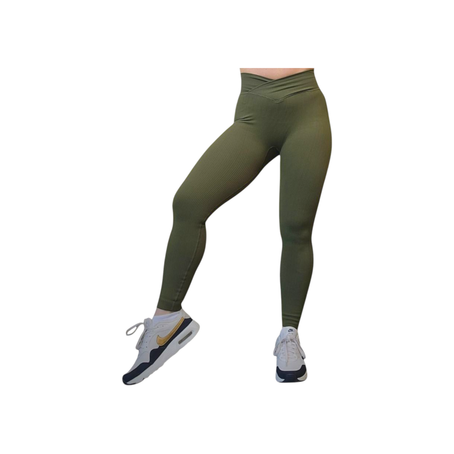 High-Waisted Thick Ribbed V-Front Leggings in Army Green