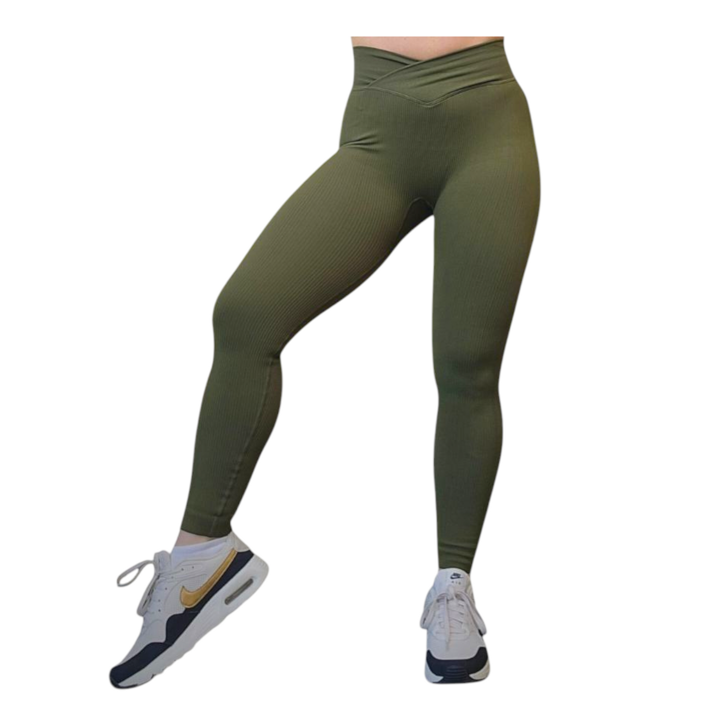 High-Waisted Thick Ribbed V-Front Leggings in Army Green
