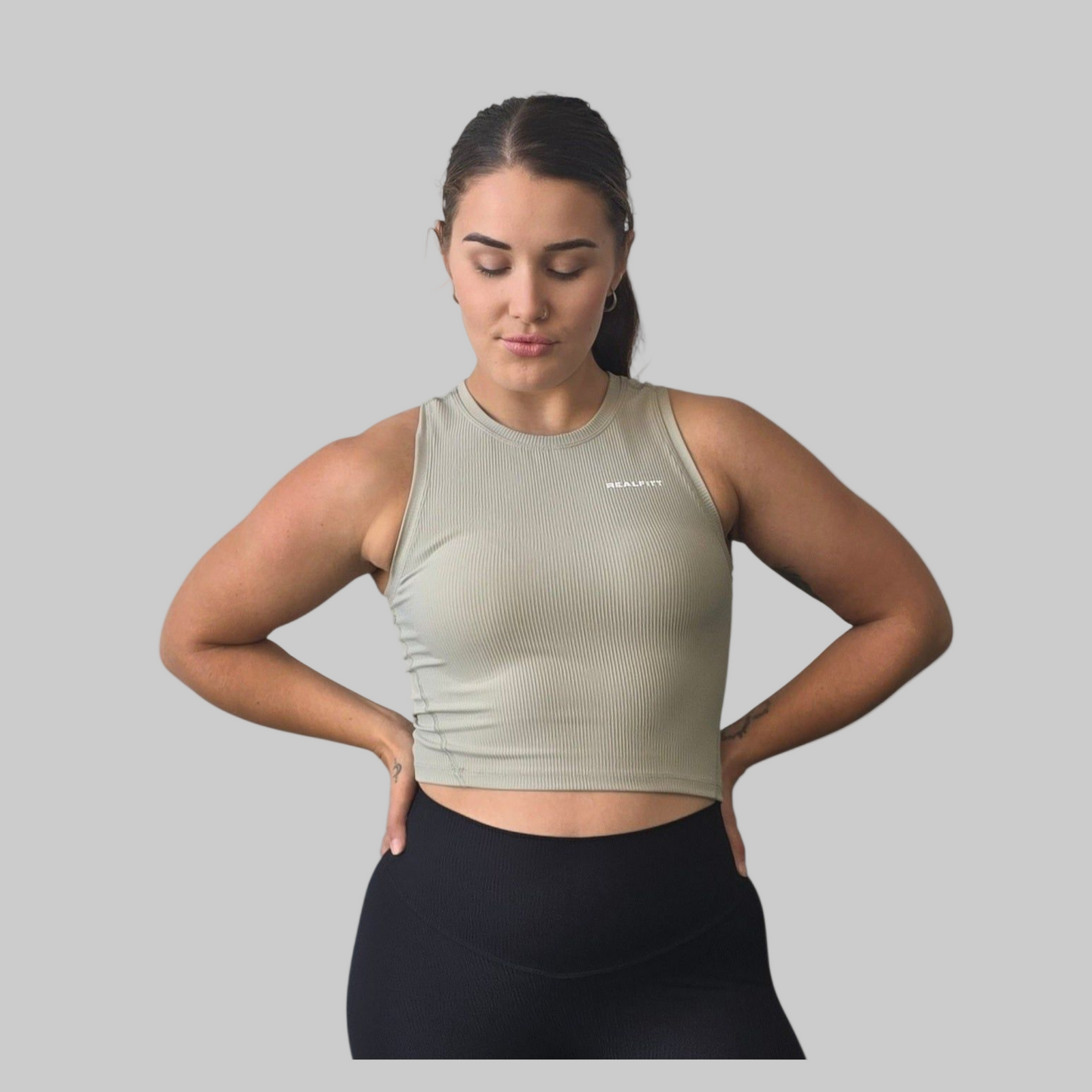 Ribbed High-Neck Tank in Light Green