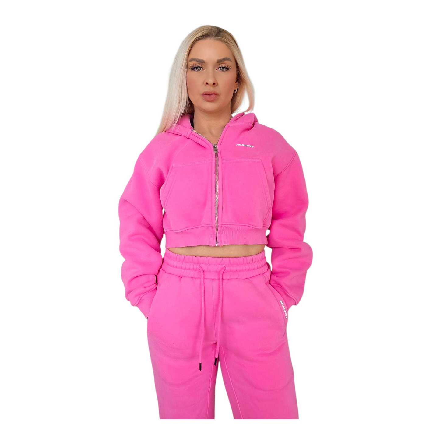 RealFitt Plush Cropped Zip Hoodie in Pink