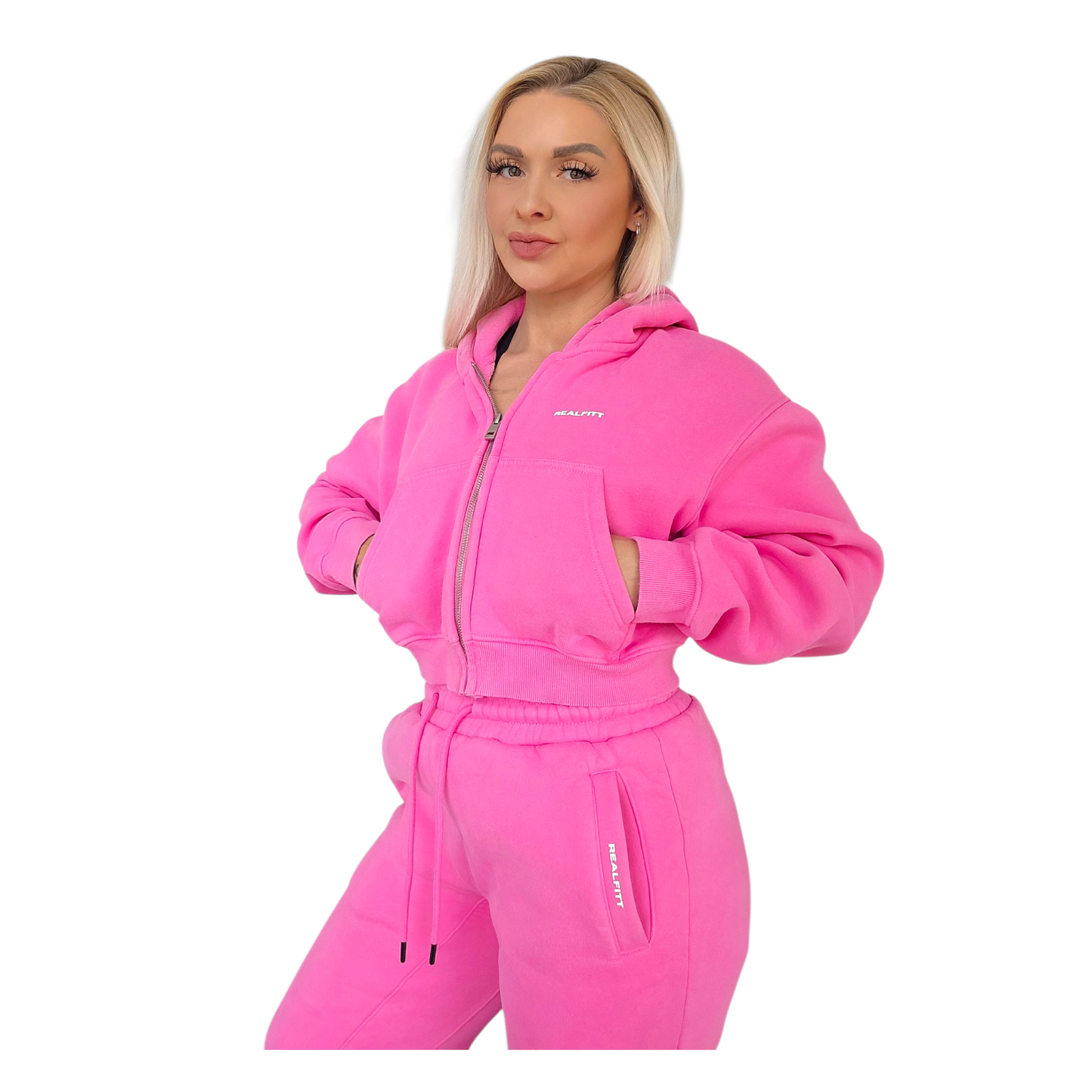 RealFitt Plush Cropped Zip Hoodie in Pink