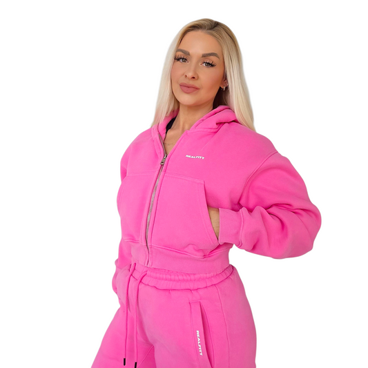 RealFitt Plush Cropped Zip Hoodie in Pink