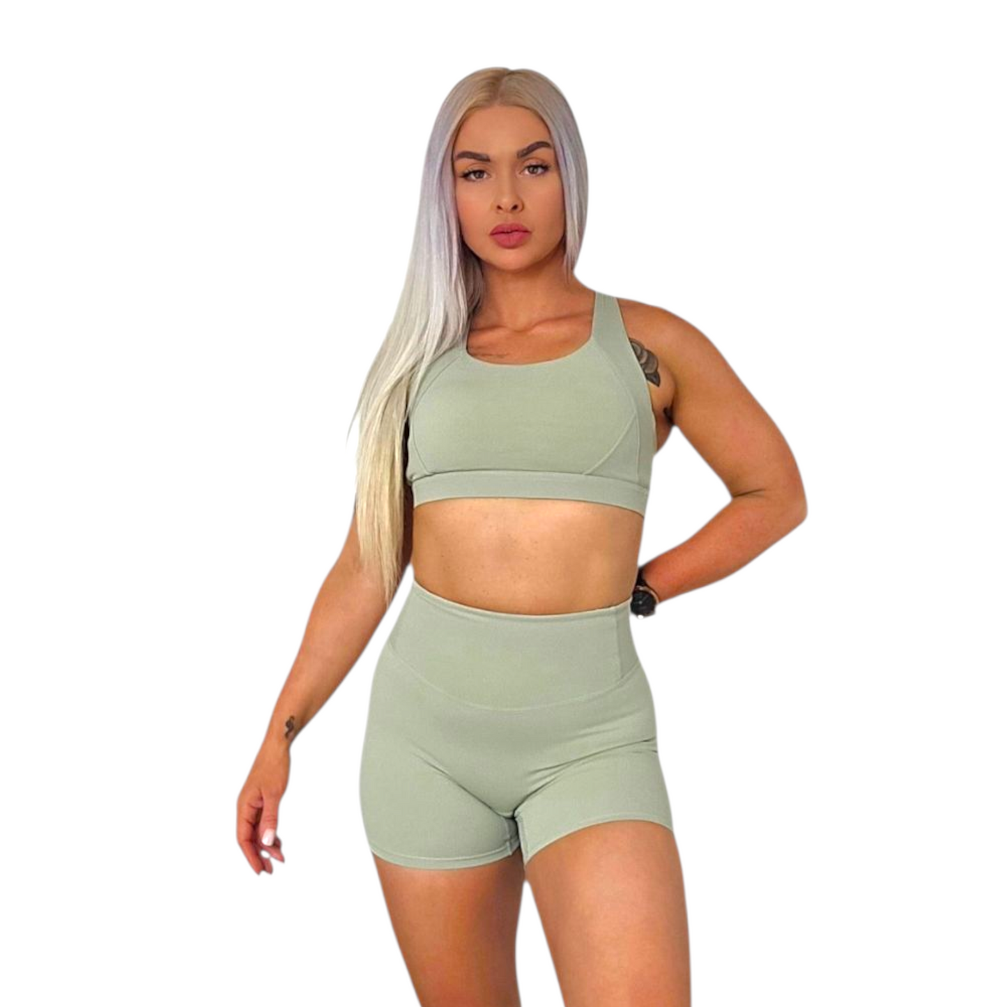 NSV Self Care High-Waisted     Non-Visible Scrunch Shorts in Matcha