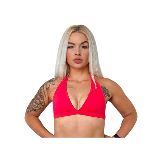 RealFitt Activewear red halter bra with removable pads, made from breathable nylon spandex 4-way stretch fabric.