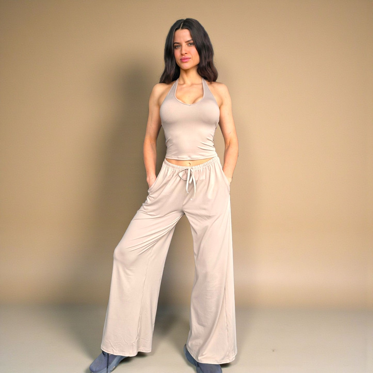 Essentials Wide Leg Pump Cover Pants in Beige